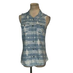 Redberry blue white tribal print sleeveless button shirt size small
